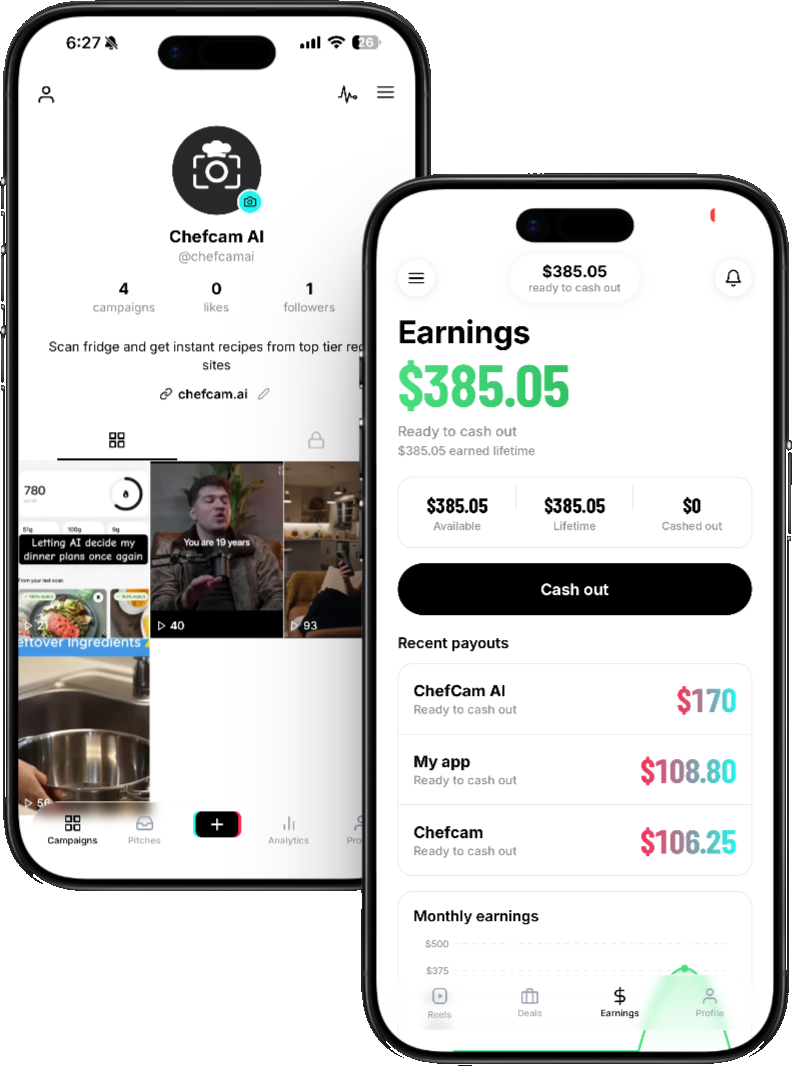 The Faze app shown on two phones — a campaign feed and an earnings screen with $385.05 in payouts